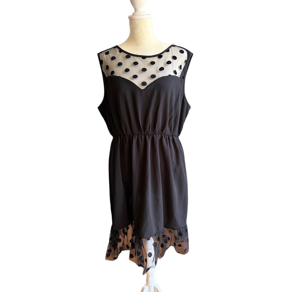 SHEIN Curve 0X Black Sheer Sleeveless Ruffle Polka Dot Dress